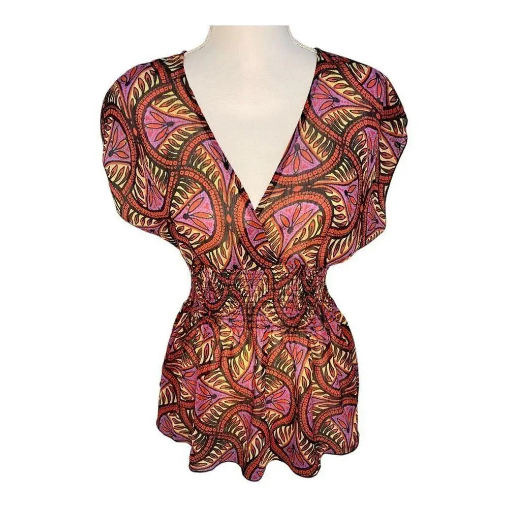 Bisou‎ Bisou Women’s Small Elastic Waist Semi-Sheer V-Neck Butterfly Top